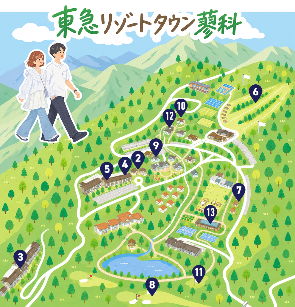 東急リゾートタウン蓼科の周辺施設ガイドマップ。SKKリゾート別荘と周辺 13 施設の位置