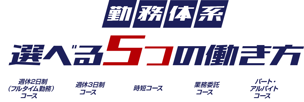 勤務体系 選べる5つの働き方（週休2日制（フルタイム勤務）コース／週休3日制コース／時短コース／業務委託コース／パート・アルバイトコース）